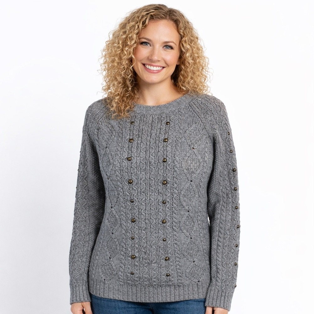 American Eagle Grey Cable Knit‎ Studded Sweater Womens Large Wool Blend Raglan